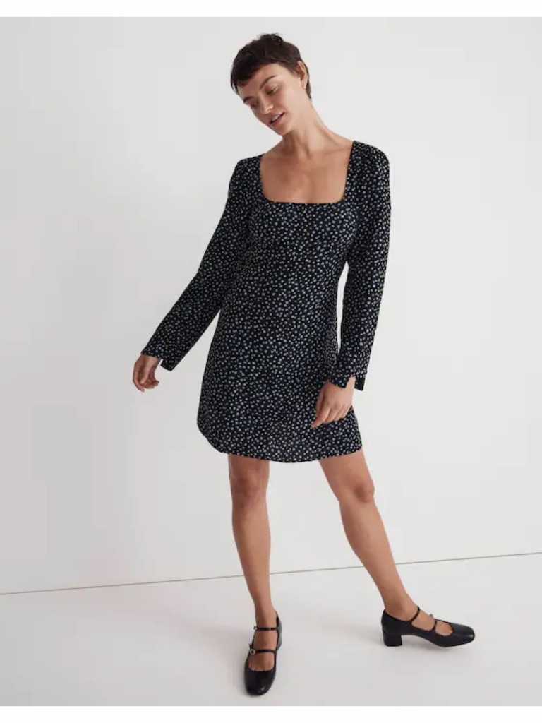 Madewell Long Sleeve Mini Dress Size 4 Black Blue Ditsy Floral Square Neck Nm453